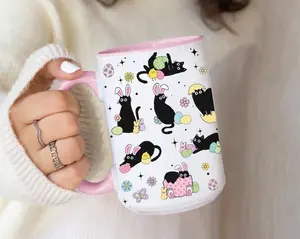 Black Cat Easter Mug, Coffee Mug Easter, Black Cat Coffee Mug, Gift Mug for Veterinarian, Funny Black Cat Mug, Bunny Easter Mug, Rabbit Cup