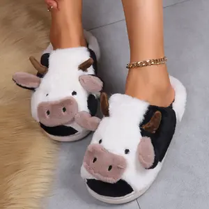 Cotton Slippers For Women Men Cute Animals Cartoon House Shoes Fluffy Plush Winter Slippers for Girls Indoor Outdoor Living Room Bedroom Cow Flipflop Halloween Christmas Gifts