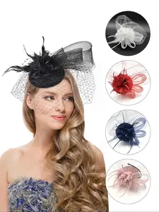Fascinators Hat for Women, Tea Party Hat with Floral and Feather Clip, Wedding Cocktail Headband with Veil Accessory