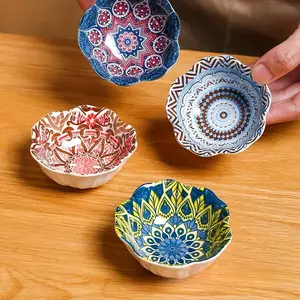 Boho Style Ceramic Dipping Bowl, 4 Counts/set Colorful Flower Pattern Seasoning Bowl, Household Ceramic Tableware for Home Kitchen