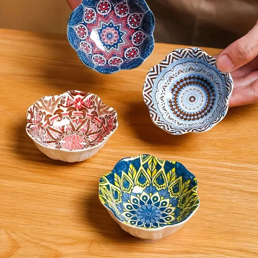 Boho Bohemian Style Ceramic Dipping Bowl, 4 Counts/set Aesthetic Colorful Flower Pattern Seasoning Bowl, Household Ceramic Tableware for Home Kitchen