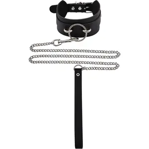 Leather Collar Leash Set, Leather Choker Necklace for Women Black Collar