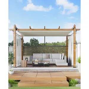 10x13FT Modern Aluminum Pergola with Retractable Canopy & Side Mesh - Faux Wood Grain Metal Patio Gazebo for Backyard, Deck, Garden, Porch, UV Protection, Mosquito Netting