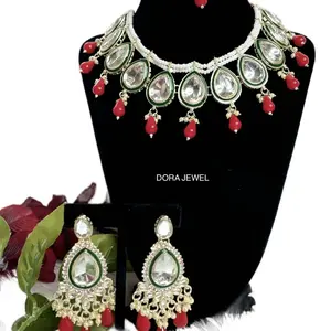 Dora Large Stone Necklace, Earrings, and Tikka Set, Kundan Collection