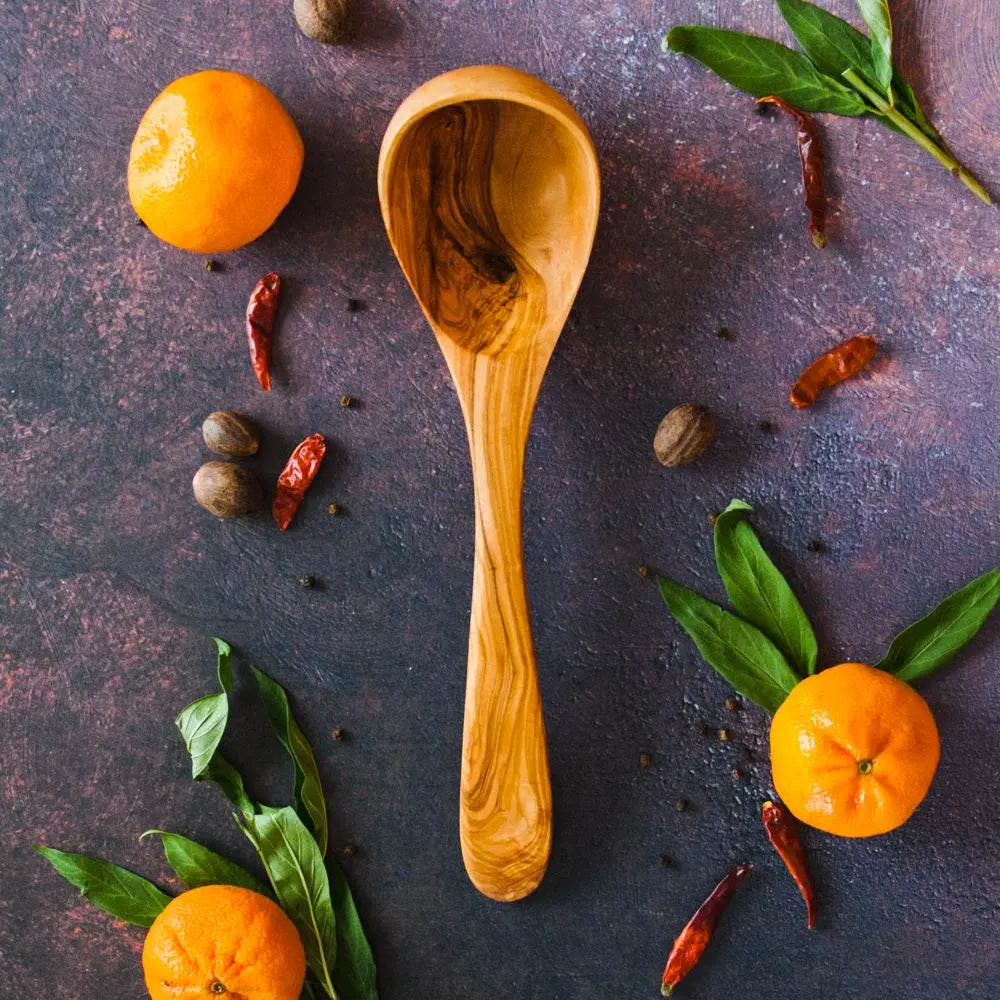 Olive Wood Soup Ladle with Long Handle and Deep Bowl - 12" Wooden Ladle - Handmade by Artisans - Wooden Cooking Utensils by Vesper & Vine