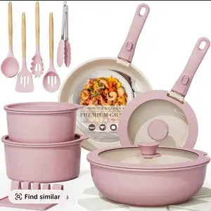 Pink Dish Set with Kitchen Utensils and Premium Cookware Includes Bowls and Pans in Pink Color Scheme