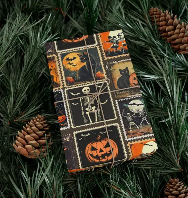 [25% OFF]  Halloween 2024 Vintage Stamp Collection Wrapping Paper, Retro Gift, Horror Theme