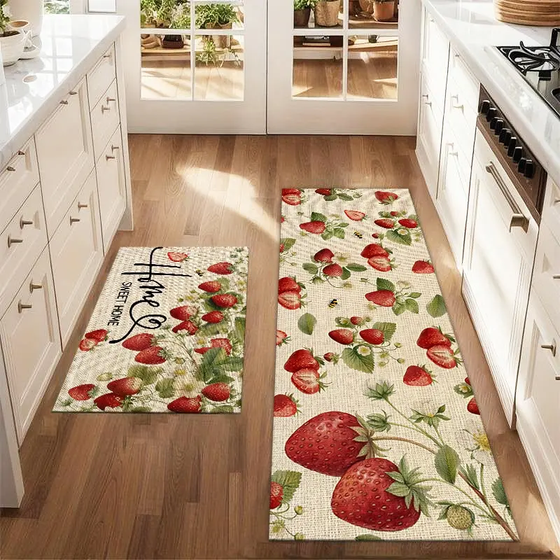 2Pcs Strawberry Summer Floor Mat Set Farmhouse Kitchen Carpet Restaurant Floor Laundry Room Decoration Carpet Mat Boho Printed Rug Kitchen Rug Sets
