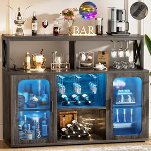 Aheaplus Bar Cabinet with Power Outlet, Liquor Cabinet with Led Lights and Glass Holders, Storage Buffet Cabinet Coffee Bar Cabinet for Liquor, Wine Cabinet with Racks for Home Bottles Shelf