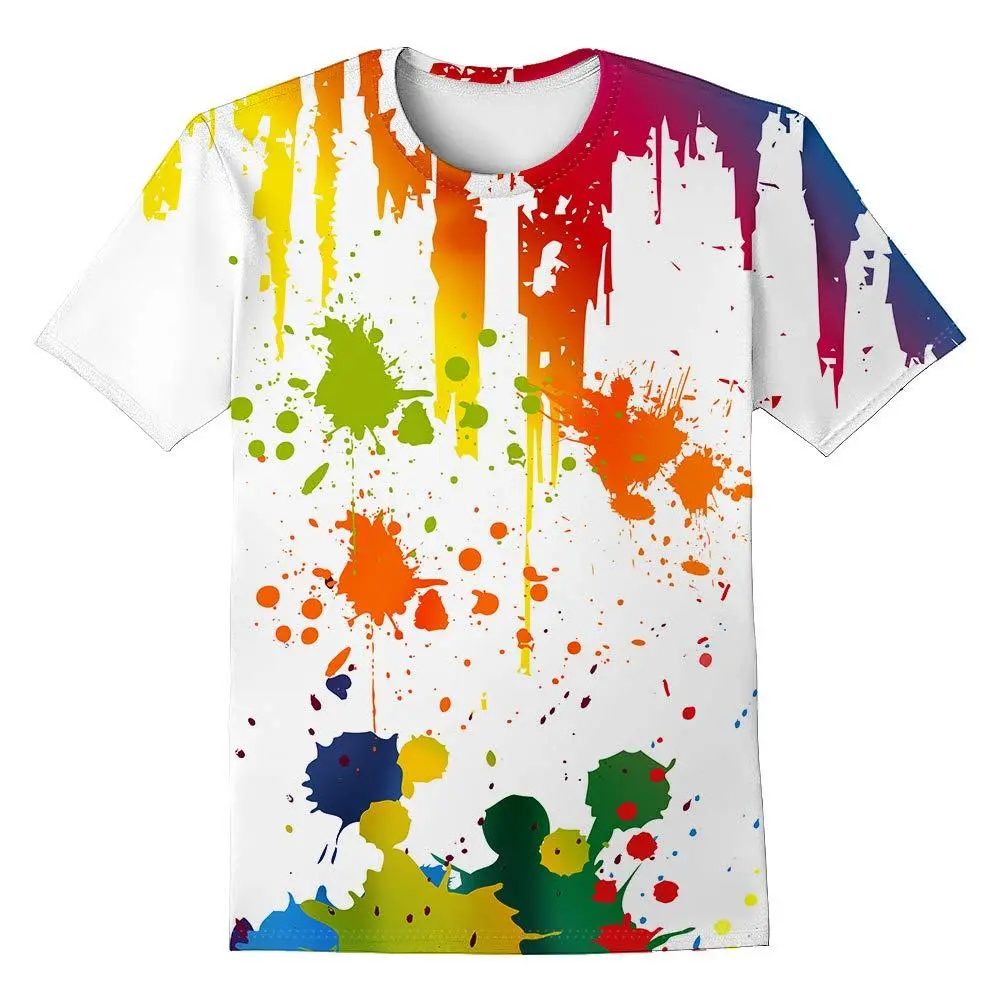 Women's Vivid Rainbow Splatter Graphic Tee, All Over Print Short-Sleeve Top in a Relaxed Cut, Breathable Fabric for Festivals, Xl, Casual, Loose-Fitting, Multicolor