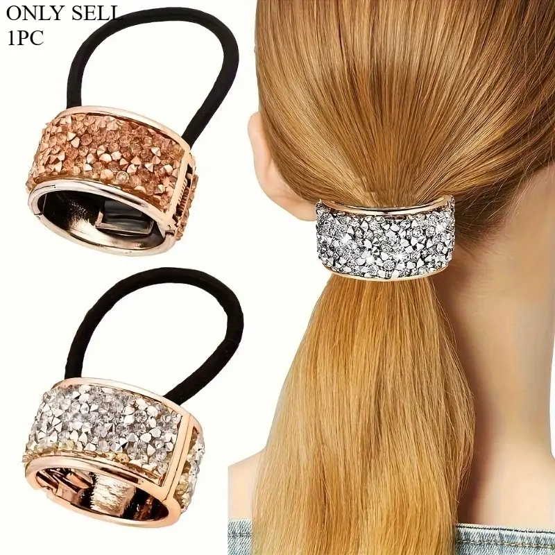 Elegant Rhinestone Studded Hair Ring Ponytail Holder with Plastic Material - Color Matching Hair Accessory for Girls 14+ Years - Single Piece Hair Band with Sparkling Rhinestone Popular Elements