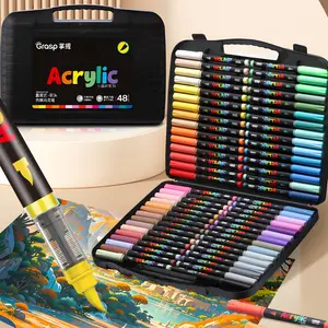 Acrylic Paint Marker Set, 48pcs/set Soft Brush Markers Pens with Handheld Storage Box, Acrylic Paint Pens for Rock Painting, Ceramic, Wood, Canvas, Glass, Stone, Fabric, Art Materials, Art Supplies
