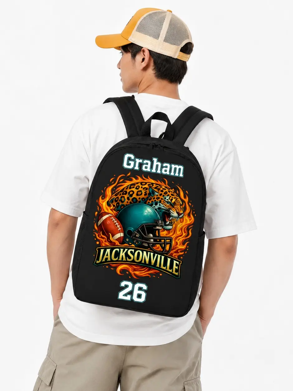 Jacksonville Fans Football Canvas Backpack - Customizable Name & Number School Bag, Functional Student Gift