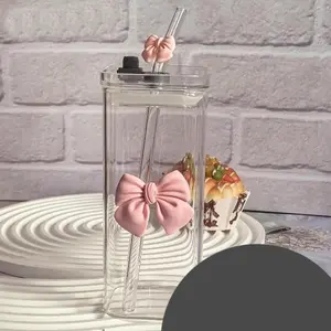 🎀 Aesthetic 13oz Clear Square Glass Cup Tumblers Drinkware with Bow Accent - Versatile Classic Teacup for Juice, Coffee, Milk, Water, Outdoor Parties, and Social Gathering - Just $5.60! 📸