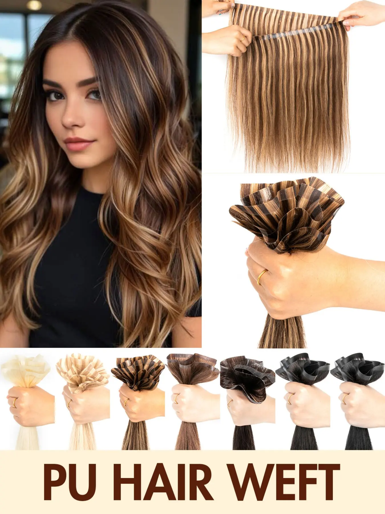 PU Hair Weft Extensions, Real Human Hair, Sew-In Style, Invisible Dual Layer Weaving, Natural Look, Easy to Apply Seamless Invisible Tape Weft Human Hair Extensions Real Natural Straight Hair for Women, 12-20 Inches, Salon Quality