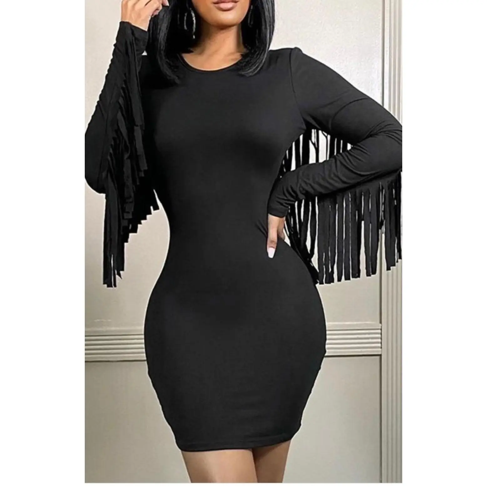 Rodeo Baddie Dress - Black Long Sleeve Round Neck Dress with Fringe Detail  for Women - TikTok Shop