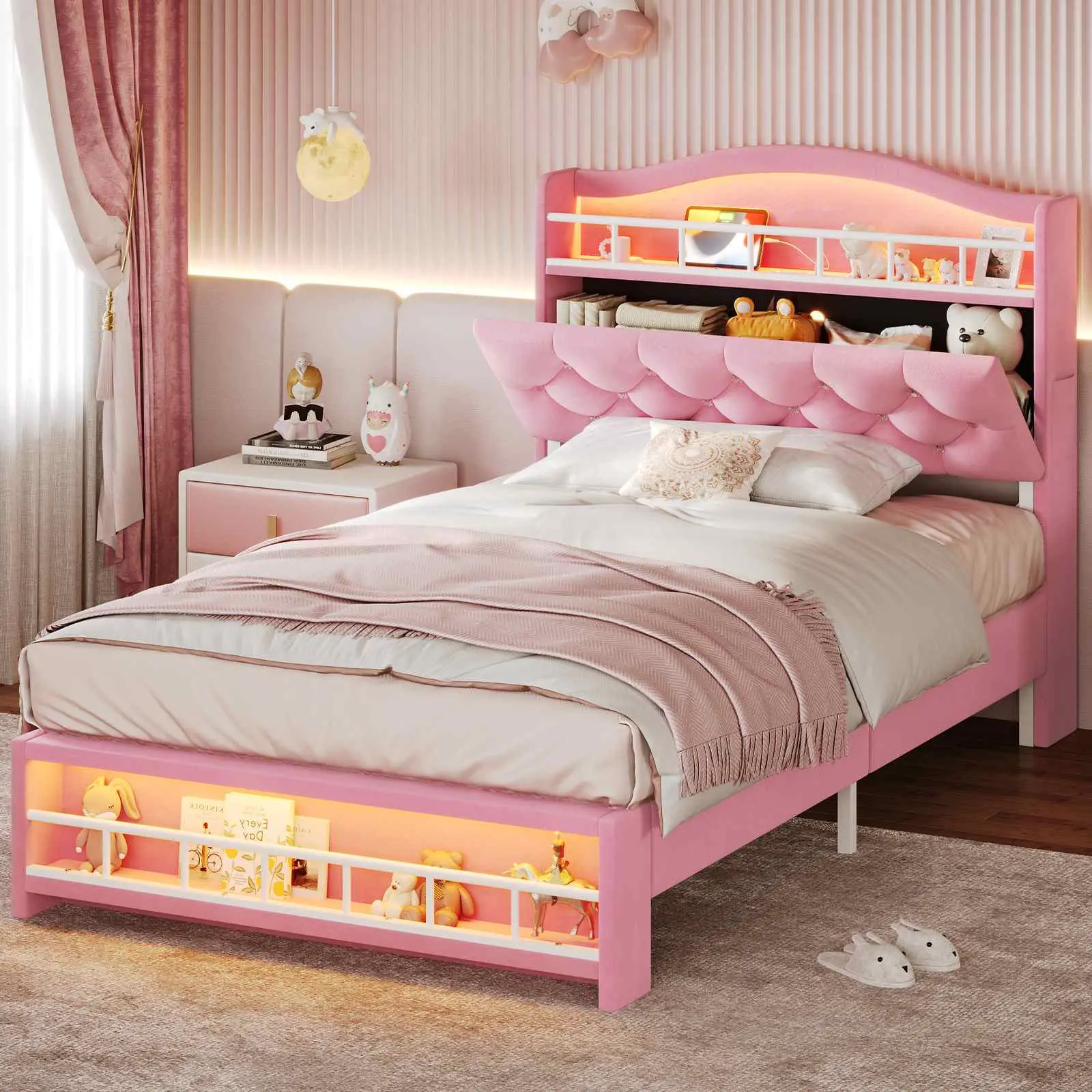 Sikaic Twin Size Princess Velvet Fabric Bed Frame with Headboard - LED Lighting, Hidden Storage Shelves, App+Remote Control, Unique Indoor Bedroom Furniture