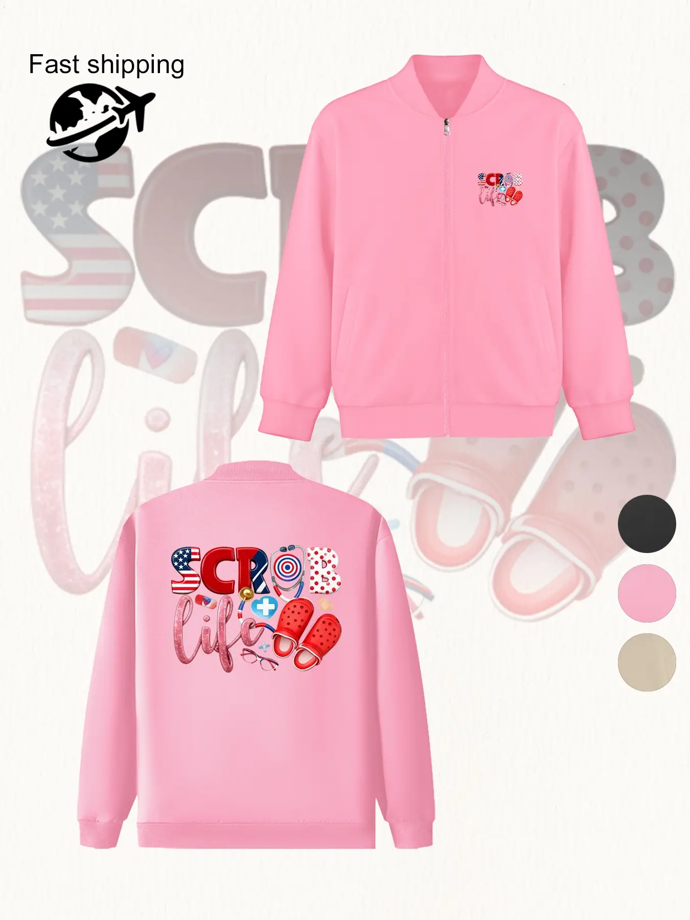 Nurse Scrub Life Fitted Baseball Jacket - Medical Theme Graphic Zip Jacket, Zip Front Nurse Outerwear, Elastic Fabric, Durable Soft Bomber