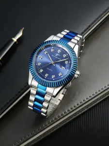A mid-sized blue business quartz watch with a deep blue dial and rhinestone markers, featuring a classic chronograph design and a men's wristwatch with a calendar and luminous hands, Quartz Analog Watch