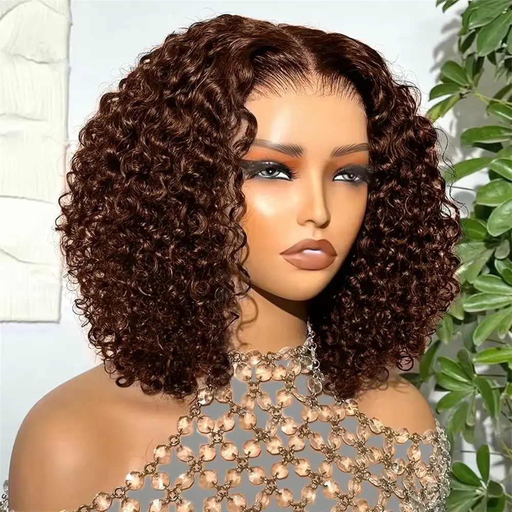 Chocolate Brown Bob Wig Human Hair Wig 13x6 Lace Frontal Wig HD Transparent Lace Front Wigs Human Hair for Women Colored Deep Curly Short Bob Wigs Real Human Hair Wig #4 Brown Wig Human Hair