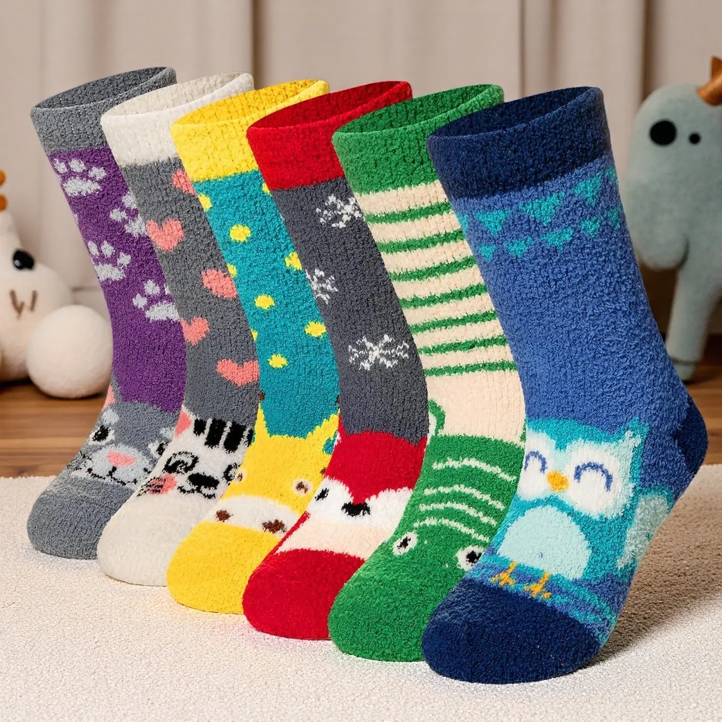 L-F03  Kids Fuzzy Socks with Non Slip Grips - Soft Fluffy Slipper Socks, Warm Plush Cozy Cabin Crew Socks for Boys & Girls 6 Pairs