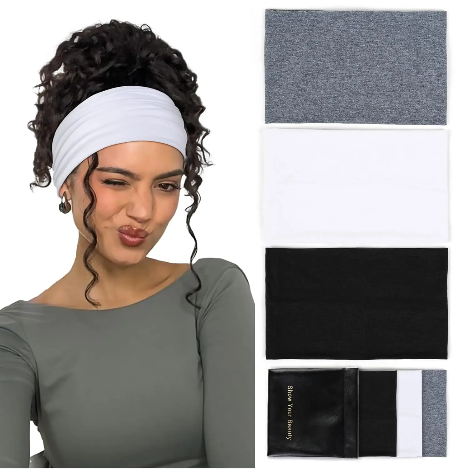 Women's Boho Bandeau Thick Headbands - 6 Inches Wide, Elastic, Non-Slip, Stretchy Sports Headbands for Workout, Gardening, Washing Face, Casual Active Wear Use, Cover Ears, Headband Wrap