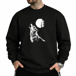 Cozy Long Sleeve Sweatshirt Featuring Graphic Wolf and Moon in Forest