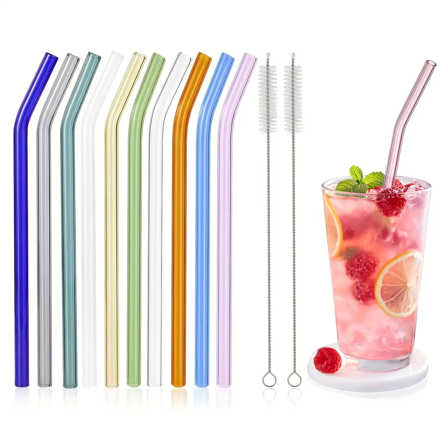 10 Pcs Food Grade Reusable Multicolor Transparent Glass Drinking Straws (8" x 8 mm) with 2 Cleaning Brushes, Kitchenware Drinkware Accessory for Restaurant, Picnic, Cocktails