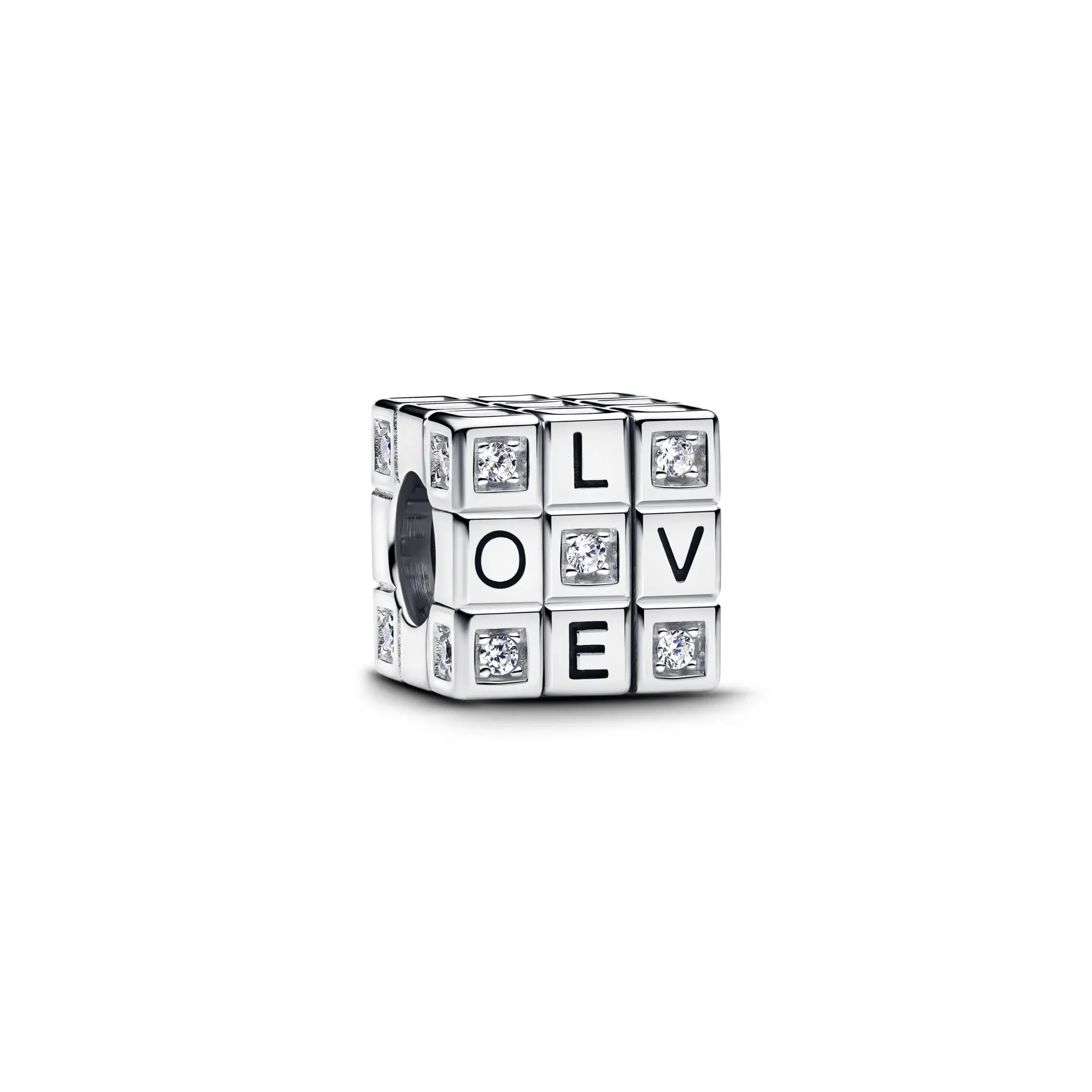 PANDORA Sterling Silver Toy Cube Charm Pendant with Moveable LOVE Cubes, Red Enamel Hearts, and Sparkle Stones, Letter Engraved