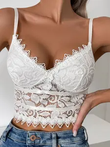 New European and American Style Top, Lace Trim Hollow Out Transparent Thin Cup Fashion Innerwear, Sexy Bralette for Outer Wear