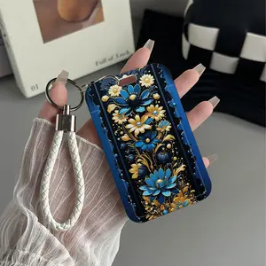 Blue Gold Bloom Pattern Design Plastic Id Card Holder With Lanyard for Doctors, Nurses, Students-Bus Card Case, Campus Card Protector Perfect Halloween Christmas Gift, Nursing Students