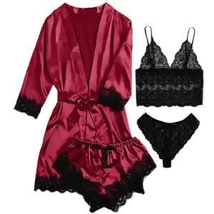 Luxurious LOFIR Silk Satin Pajamas Set for Women - 4 Piece Summer Lingerie with Floral Lace Top, Shorts, and Robe in Burgundy - Perfect Gift for Her - Available in XXL LOFIR women  lingerie