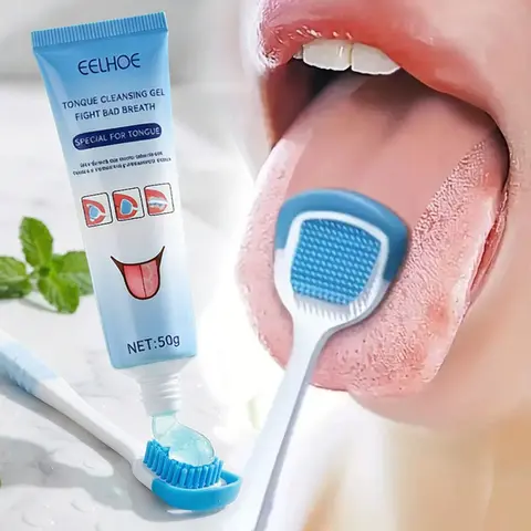 EELHOE Built-In Brush Tongue Cleansing Gel, 50g Peppermint Water-Based Cleanser for Adults, 3-Step Deep Tongue Coating Removal, Bacterial Growth Reduction, 3-Year Shelf Life, Crisp Mint All Day Fresh Breath, Gentle Daily Oral Care Essential