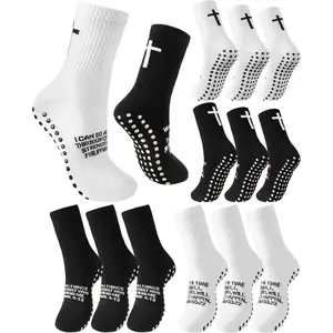 6 Pairs Cross Grip Soccer Socks Anti Slip with Bible Verse Religious Socks with Rubber Dots for Yoga Football