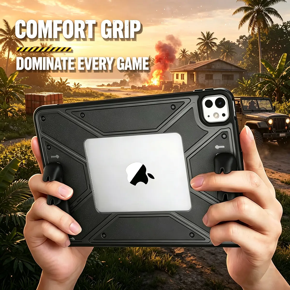 SidunRilax Gaming Smart Tablet Protector - Detachable Grip & Panel, 35°/75° Angles Folio, Pencil Holder, Auto Sleep/Wake, Hollowed-Out for Cooler Compatibility, Ideal for PUBG/COD, Tablet Casing, Covers & Accessories