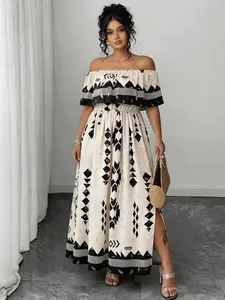 Plus Size Ethnic Print One-Shoulder Dress, Fitted Waist Split A-Line Long Dress, Casual Summer Beach Vacation, Boho Style