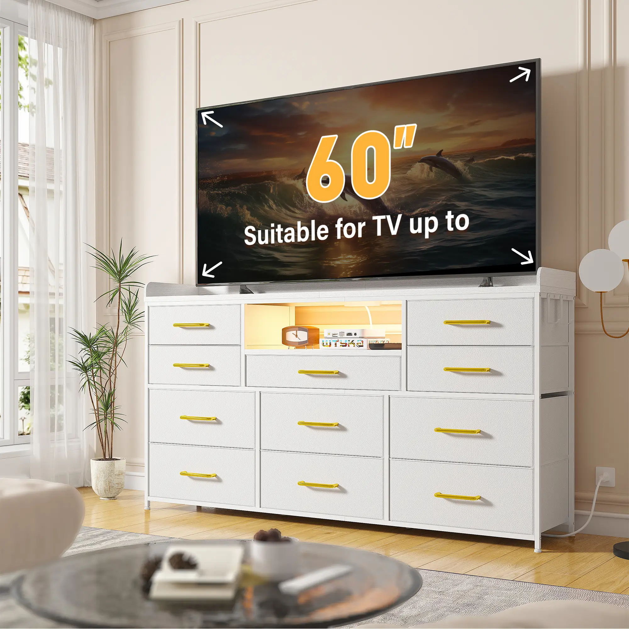 【LaborDaySale】Raybee 11 Drawers Dresser for Bedroom 31'' Height,Sturdy TV Stand with LED & power outlets & 4 hooks Drawerorganizer,Chest of Drawers,St