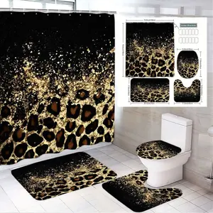 1/4pcs Leopard Print Shower Curtain Set with Gold Splashes, Bathroom Shower Equipment, Black Brown Animal Pattern Bathroom Accessories (Toilet Lid Cover, Rectangular Rug, Small Mat) for Valentine'S Day, Christmas Decor - Cohesive Leopard & Gold