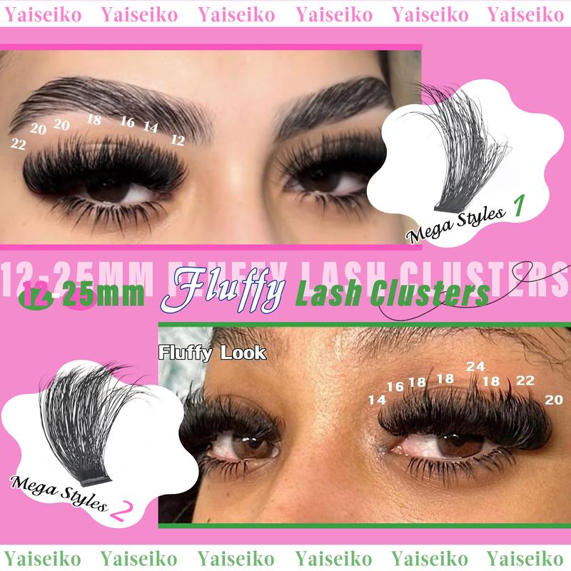 Lash Clusters 100D+200D Thick Eyelash Clusters 12-25mm Wispy Individual Mega Volume Lashes D C Cluster Eyelash Extensions 280Pcs DIY Lash Extension at Home, by Yaiseiko(Plant Fiber)