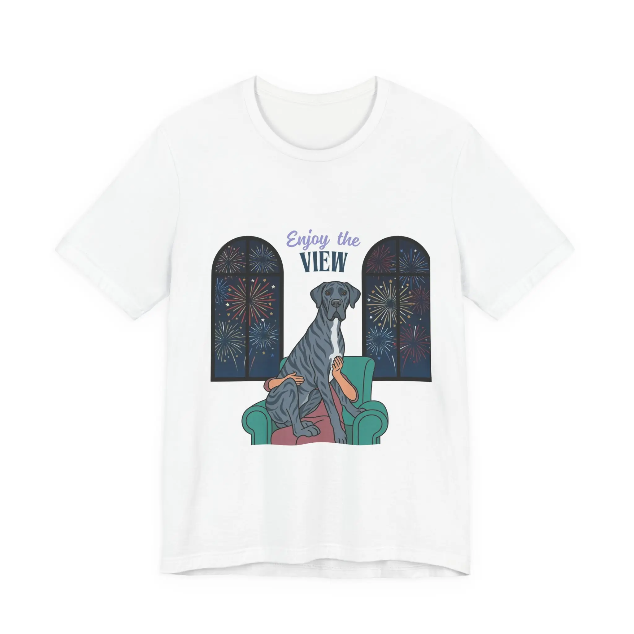 Blue Brindle with White Chest Blaze Great Dane Enjoy the View T-Shirt — Dog Watching Fireworks Graphic Tee