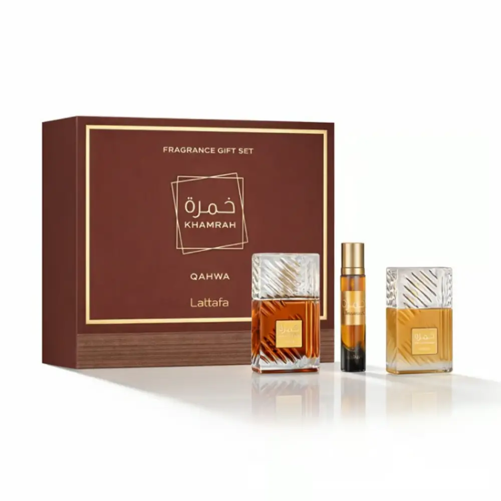 Lattafa Khamrah Qahwa Unisex Wear 3-Piece Boxed Gift Set - 3 to 3.9 fl oz Eau de Parfum (100ml), 12ml Travel Spray, 50ml Hair Mist, Coffee Vanilla Gourmand Fragrance