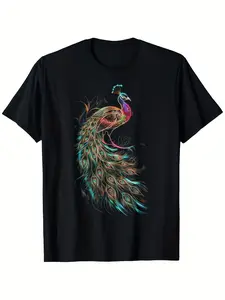 Men's Black Peacock Feathers Graphic T Shirt 180g Oversized Tee with Vibrant Colorful Print Breathable Summer Casual Shirt for Wildlife Animal Lovers Machine Washable Leisure ClothingEveryday Spo