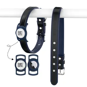 PawView Leather Dog Collar with AirTag Holder & QR ID Tag (AirTag Not Included)