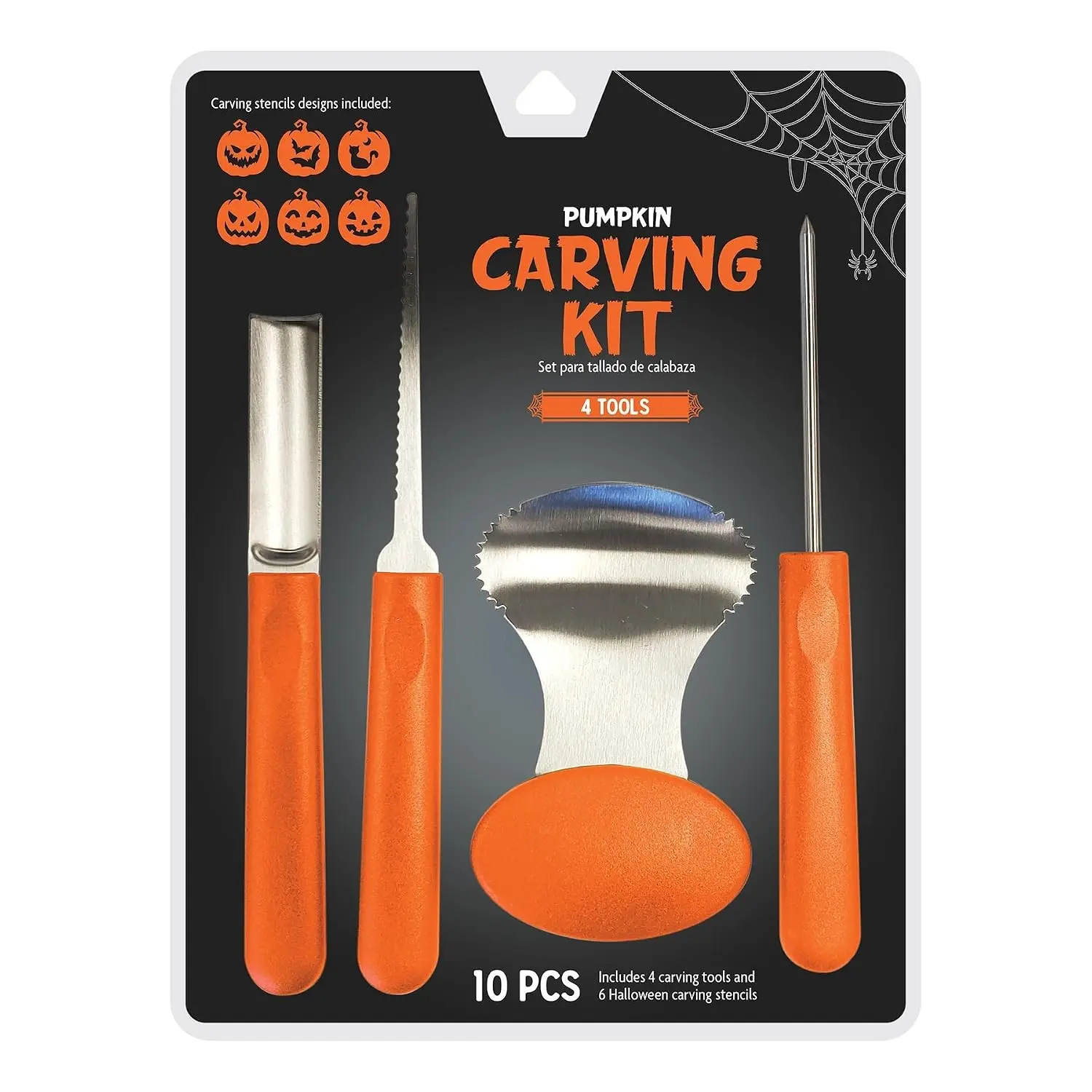 Pumpkin Carving Kit, 10-Piece Halloween Jack-O’-Lantern Decorating Set with 4 Stainless Steel Tools & 6 Stencil Patterns