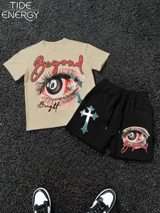 Men's Loose 'beyond Bright' Eye Cross Graphic Print Matching Two-Piece Set, Y2K Gothic Streetwear Style, Trendy T-Shirt Shorts, Suitable for Teens & Young Adults, Menswear
