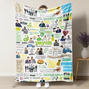 Psyyych TV Show Collage Blanket – Retro Fan Art Design Featuring Iconic Quotes, Characters & Pineapple Symbols, Perfect for Psych-Os & Detective Comedy Enthusiasts