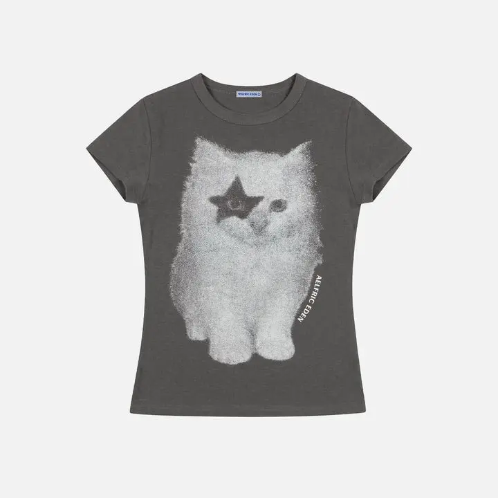 Aelfric Eden Cat Airbrush Baby Tee Slim Cropped Fit Cat Airbrush Print with Star Eye Soft Cotton Fabric Y2K Cute Streetwear Women Top Aelfric Eden Cat Airbrush Baby Tee Slim Cropped Fit Cat Airbrush Print with Star Eye Soft Cotton Fabric Y2K Cute Streetwear Women Top
