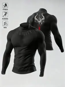 Men's Polished Outdoor Casual Breathable Slim Fit Long Sleeve Sports T-Shirt, High Neck Compression Top, Fitness Long Sleeve Shirt, Athletic Sports Clothing, Fitness Activewear