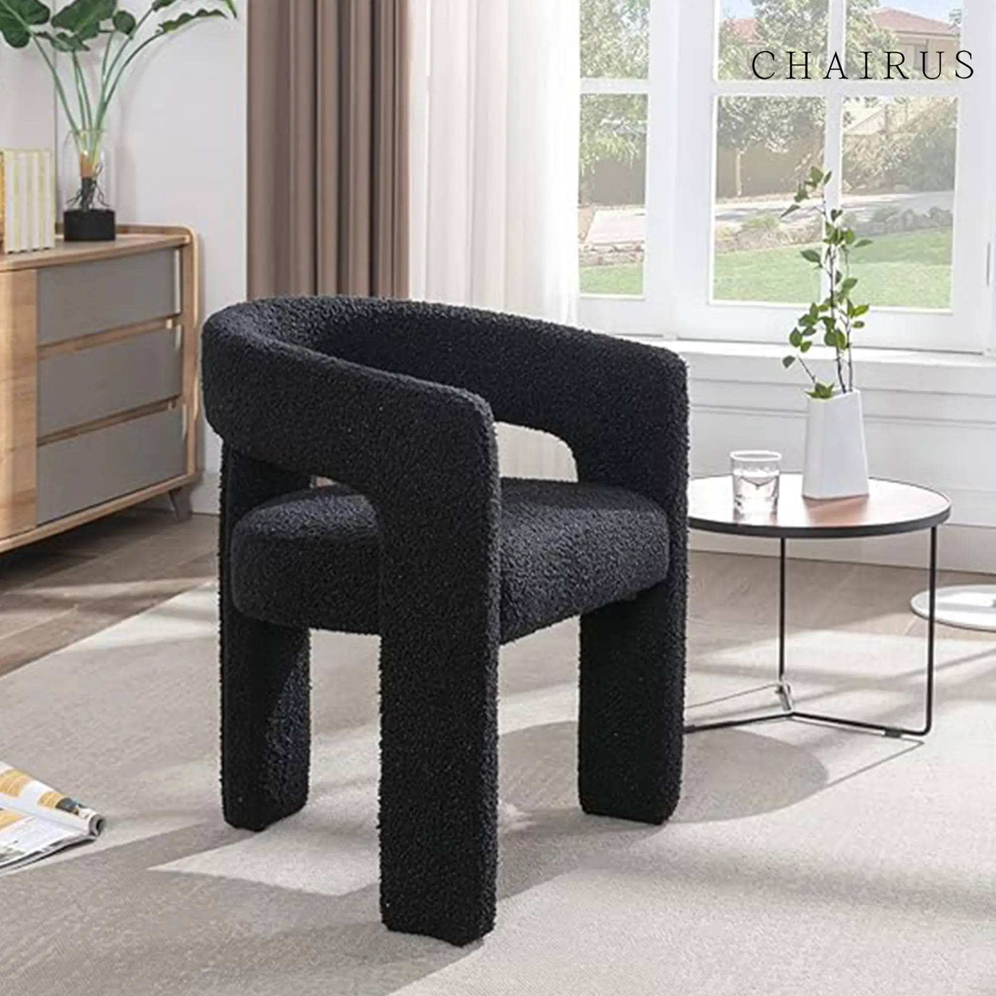 CHAIRUS Fully Assembled Barrel Dining Chair, Modern Sherpa Upholstered Accent Chairs with Arm, Open-back Side Armchair Comfy Makeup Vanity Chairs for