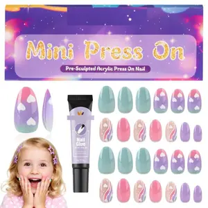 26PCS Press-On Nails for Kids, Colorful Heart Stick-On Fake Nail Set with Glue, Girls Gift for Ages 8–12, Easter & Birthday Party Favors